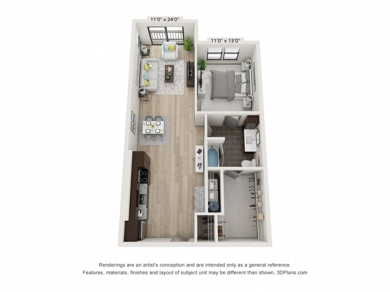 Floor plan for 1 bed, 1 bath, 826 sqft